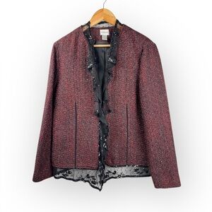 Chico's Women’s Red/Burgundy Tweed Blazer with Black Lace Detail Chico’s 2/Large